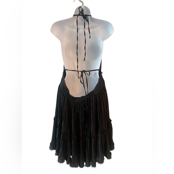 Black Halter Ruffle Mini Dress Small • Open Back • Fairycore Coachella Flowy Tie - Picture 5 of 14